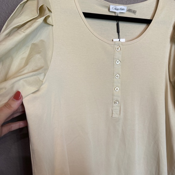 Calvin Klein 1x Plus Size Beige Tan Puff Sleeve Top Buttons Ribbed NEW NWT - Picture 3 of 10